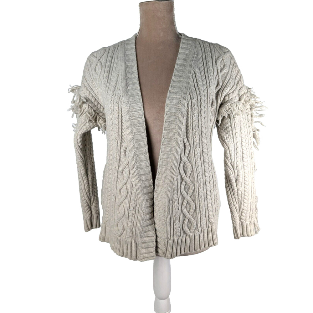 Madewell Cable Knit Fringe Merino Fisherman Open Front Cardigan Wool Creme Sz S